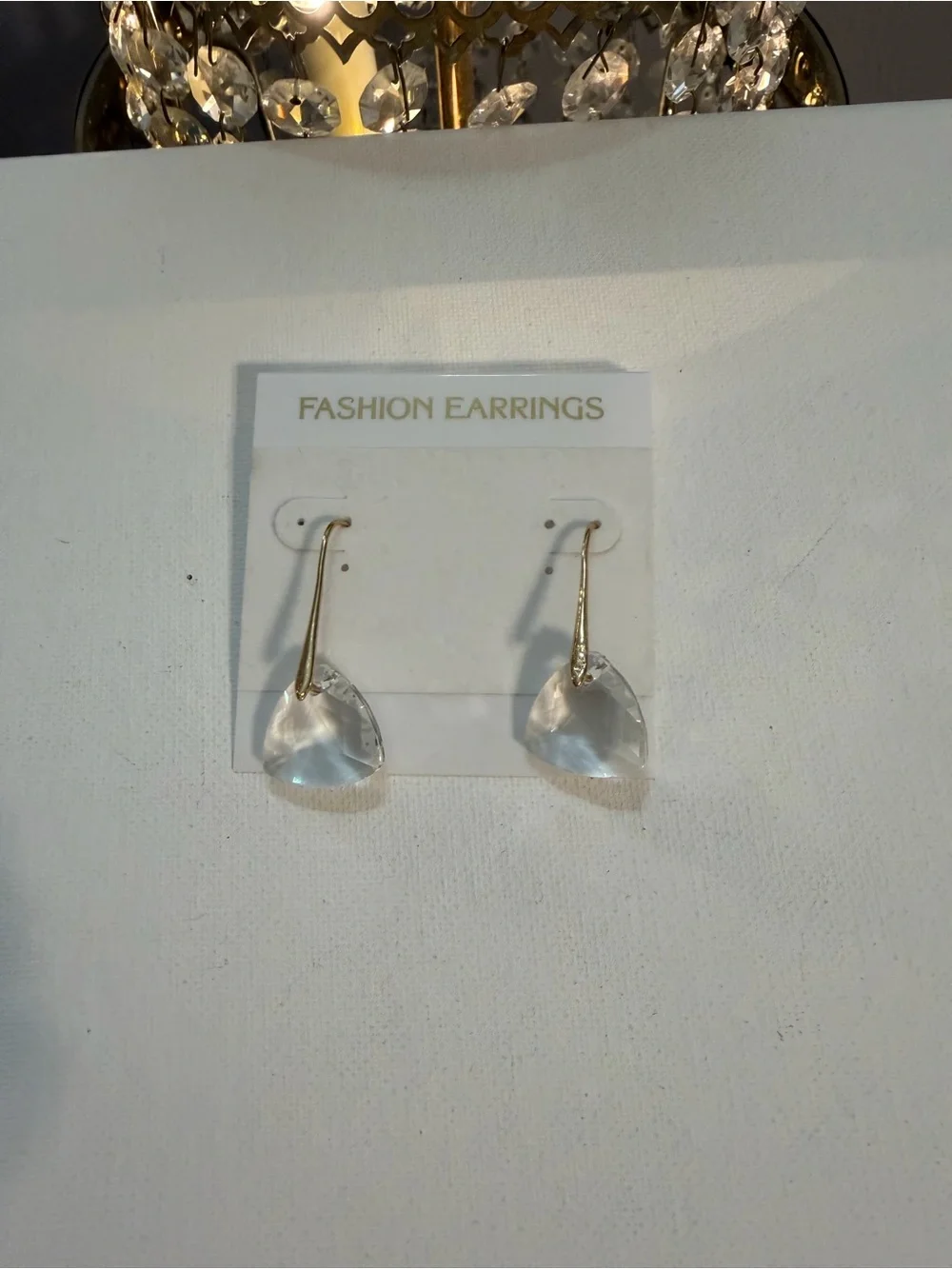 Vtg 90s Clear Crystal Faceted Drop Earrings Long Gold Wire Hook Deadstock